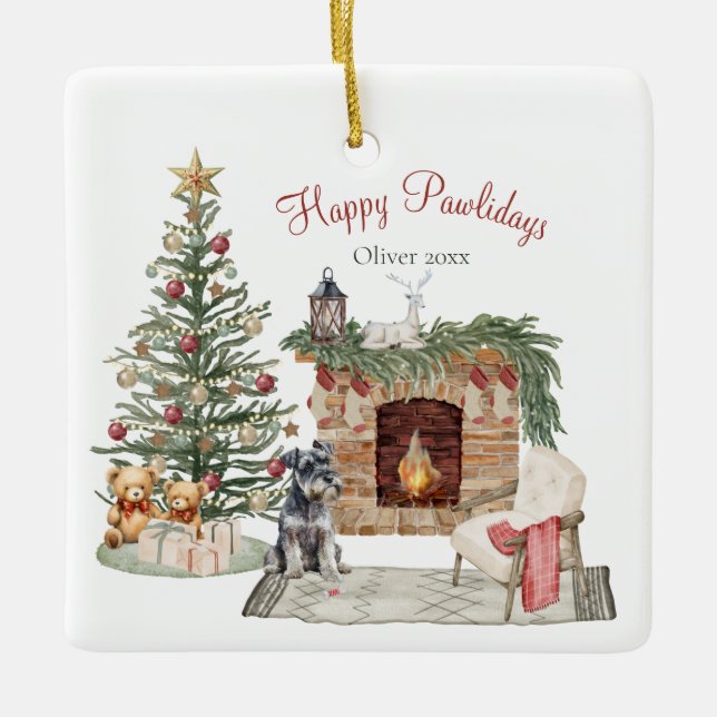 Happy Pawlidays Dog Design- Miniature Schnauzer Ceramic Ornament (Front)