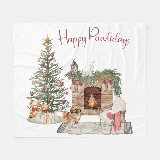 Happy Pawlidays Dog Design- Pekingese Fleece Blanket (Front (Horizontal))