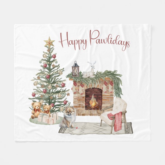 Happy Pawlidays Dog Design- Pomeranian Fleece Blanket (Front (Horizontal))