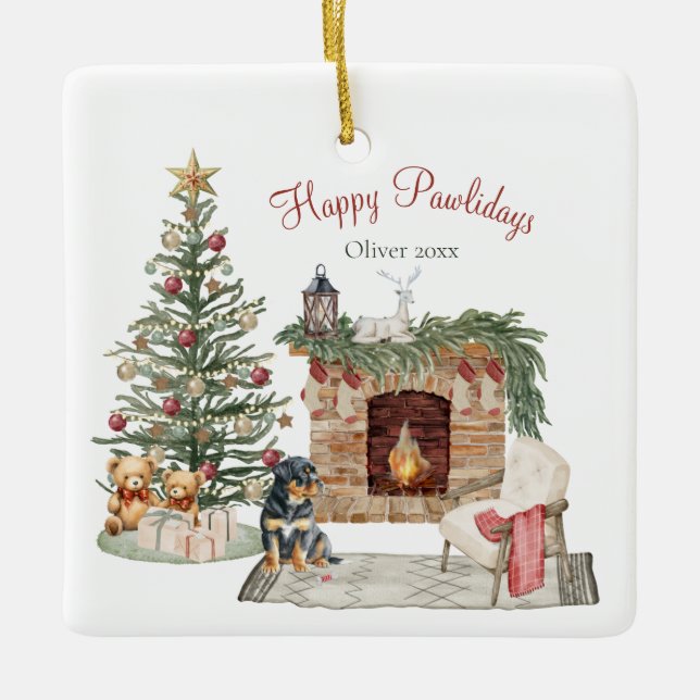 Happy Pawlidays Dog Design- Rottweiler Ceramic Ornament (Front)