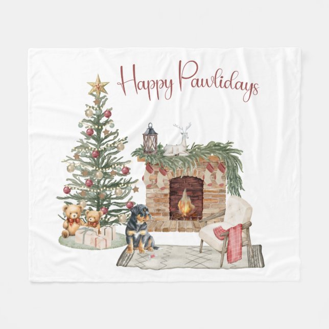 Happy Pawlidays Dog Design- Rottweiler Fleece Blanket (Front (Horizontal))