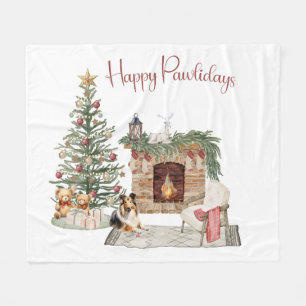 Happy Pawlidays Dog Design- Sheltie Fleece Blanket