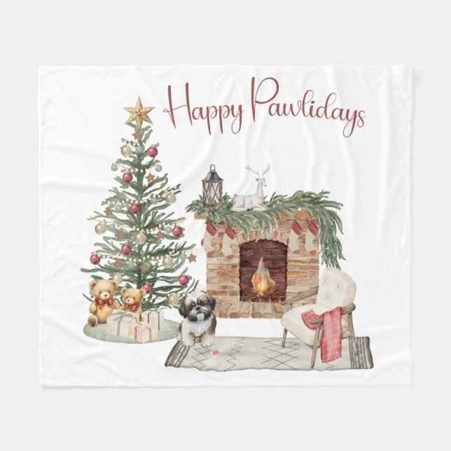 Happy Pawlidays Dog Design- Shih Tzu Fleece Blanket (Front (Horizontal))
