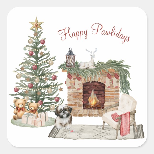 Happy Pawlidays Dog Design- Shih Tzu Square Sticker (Front)