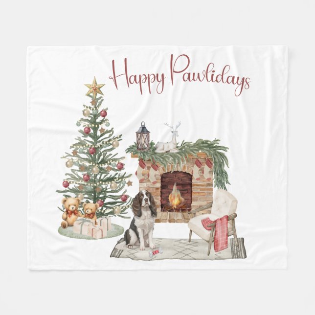 Happy Pawlidays Dog Design- Springer Spaniel Fleece Blanket (Front (Horizontal))