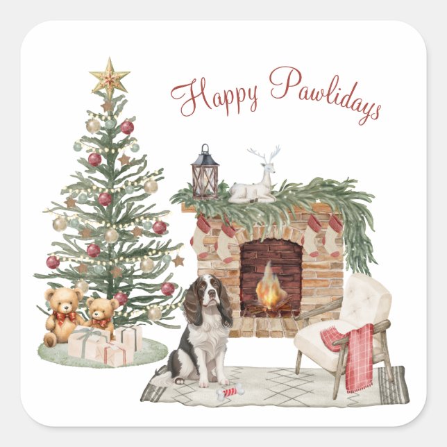 Happy Pawlidays Dog Design- Springer Spaniel Square Sticker (Front)