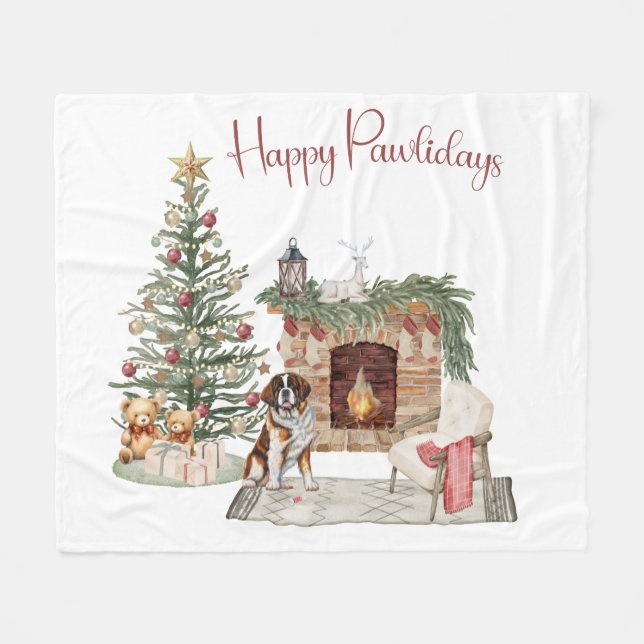 Happy Pawlidays Dog Design- St. Bernard Fleece Blanket (Front (Horizontal))