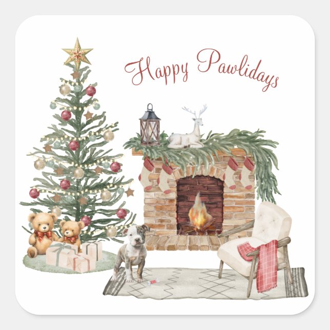 Happy Pawlidays Dog Design- Staffordshire Terrier Square Sticker (Front)