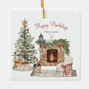 Happy Pawlidays Dog Design- Yorkie Ceramic Ornament