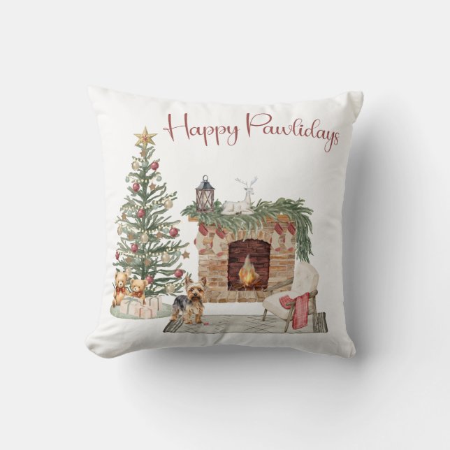Happy Pawlidays Dog Design- Yorkie Cushion (Front)