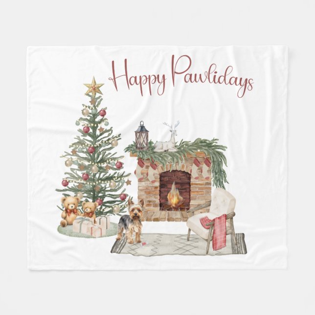 Happy Pawlidays Dog Design- Yorkie Fleece Blanket (Front (Horizontal))