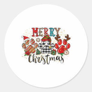 Happy Pawlidays Dog Paws Buffalo Plaid Leopard Chr Classic Round Sticker