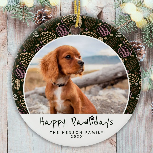 Happy Pawlidays Dog Pet Photo One Line Christmas  Ceramic Ornament (Creator Uploaded)
