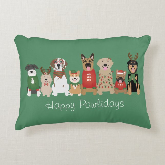 Happy Pawlidays Dogs Red Green Decorative Cushion (Front)