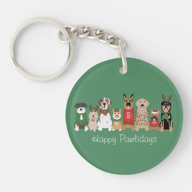 Happy Pawlidays Dogs Red Green Key Ring (Front)