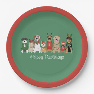 Happy Pawlidays Dogs Red Green Paper Plate