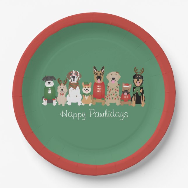 Happy Pawlidays Dogs Red Green Paper Plate (Front)