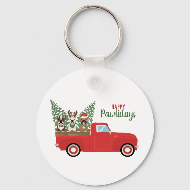 Happy Pawlidays French Bulldogs Red Pickup Truck Key Ring (Front)