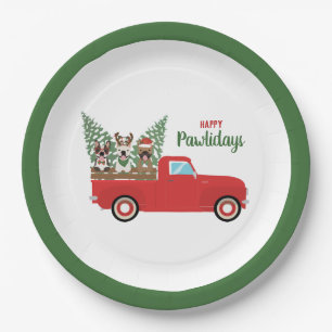 Happy Pawlidays French Bulldogs Red Pickup Truck Paper Plate