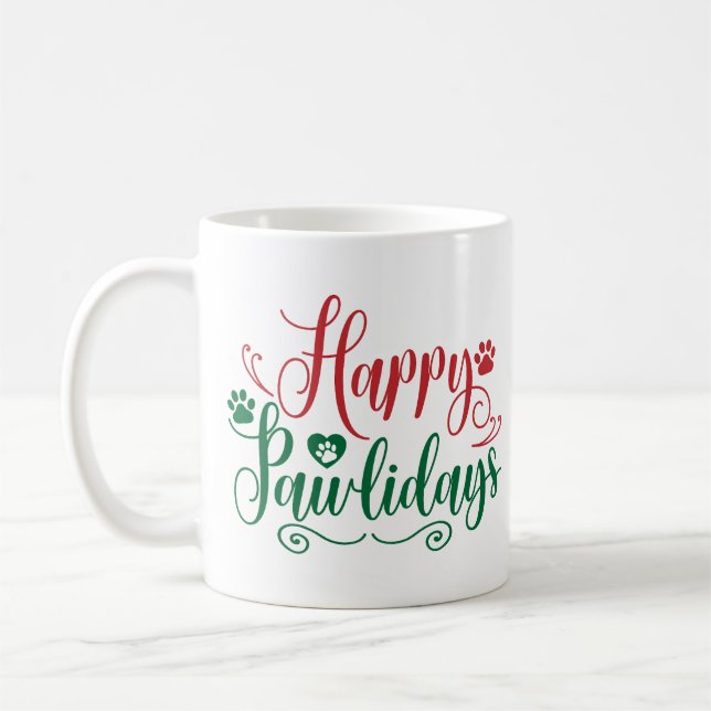 Happy Pawlidays Funny Christmas Coffee Mug (Left)