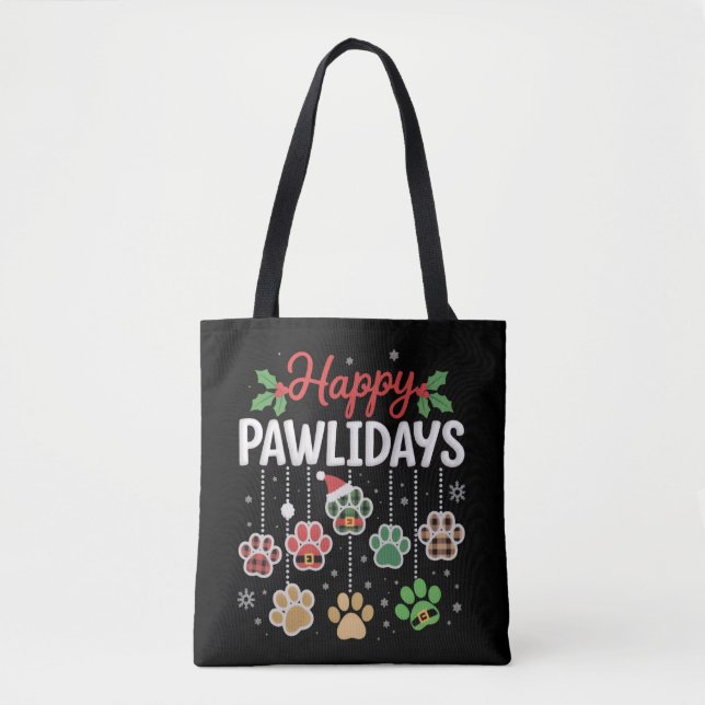 Happy Pawlidays Funny Christmas Dog Paw Xmas Dogs  Tote Bag (Front)