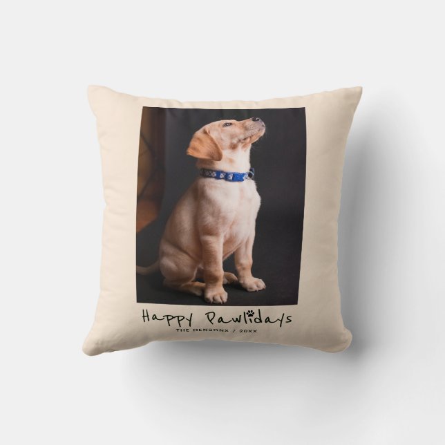 Happy Pawlidays Funny Pun Pet Photo Cushion (Back)