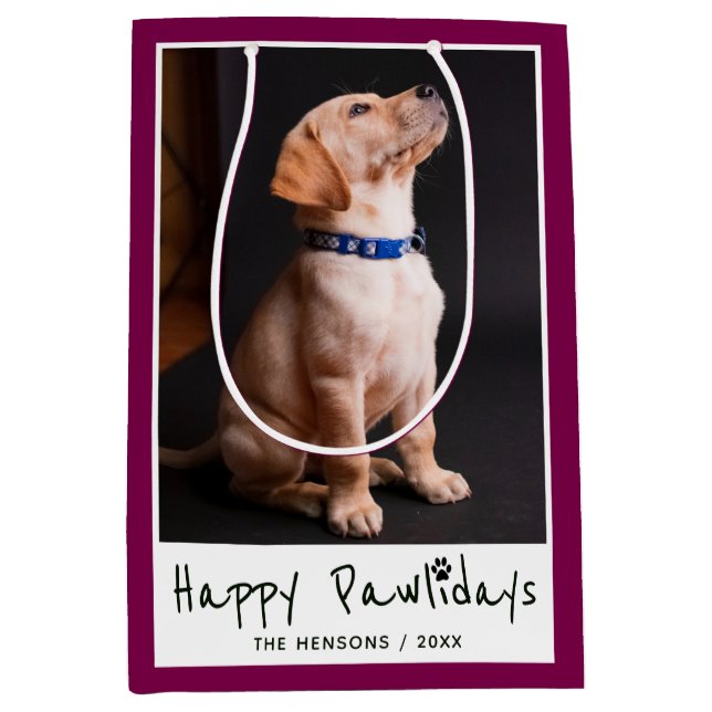 Happy Pawlidays Funny Pun Pet Photo Medium Gift Bag (Front)