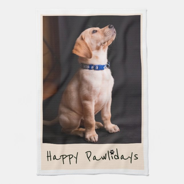 Happy Pawlidays Funny Pun Pet Photo Tea Towel (Vertical)