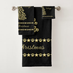 Happy Pawlidays, Gold shiny Paw Christmas tree Bath Towel Set