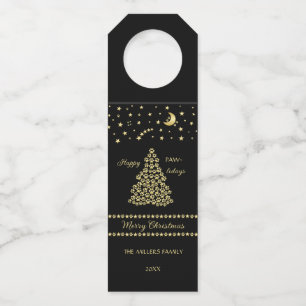 Happy Pawlidays, Gold shiny Paw Christmas tree Bottle Tag