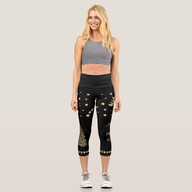 Happy Pawlidays, Gold shiny Paw Christmas tree Capri Leggings (Front)