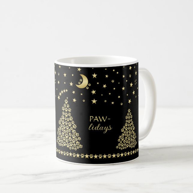 Happy Pawlidays, Gold shiny Paw Christmas tree Coffee Mug (Front Right)