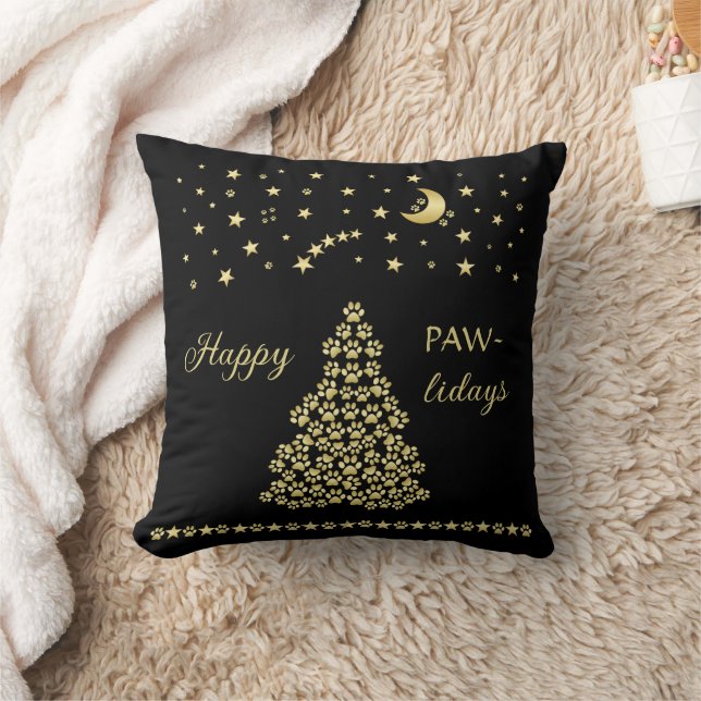 Happy Pawlidays, Gold shiny Paw Christmas tree Cushion (Blanket)