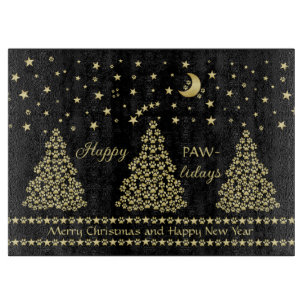 Happy Pawlidays, Gold shiny Paw Christmas tree Cutting Board