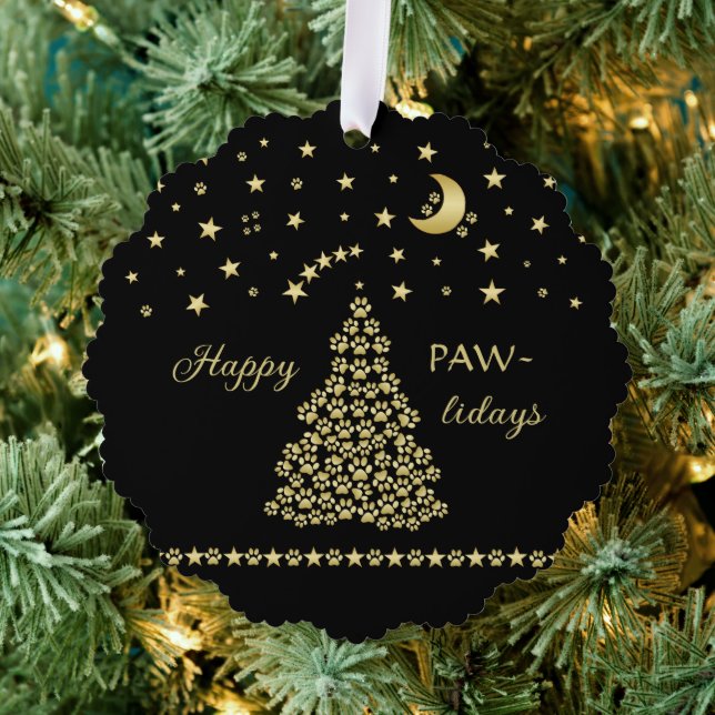 Happy Pawlidays, Gold shiny Paw Christmas tree Decoration Card (Insitu (Tree))