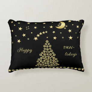 Happy Pawlidays, Gold shiny Paw Christmas tree Decorative Cushion