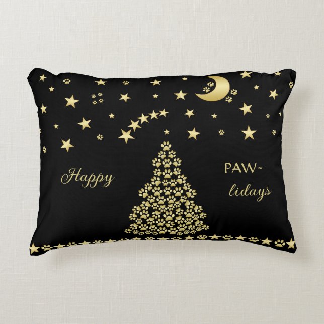 Happy Pawlidays, Gold shiny Paw Christmas tree Decorative Cushion (Front)