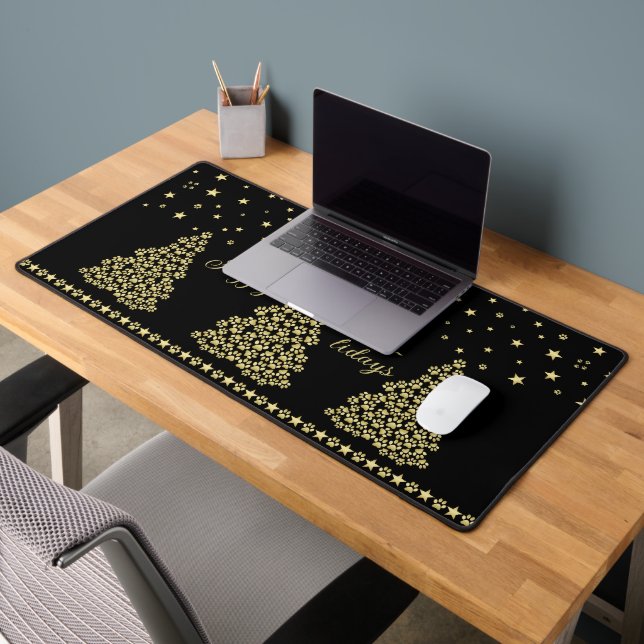 Happy Pawlidays, Gold shiny Paw Christmas tree Desk Mat (Office 2)