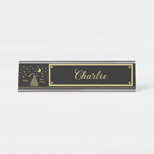 Happy Pawlidays, Gold shiny Paw Christmas tree Desk Name Plate