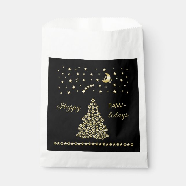 Happy Pawlidays, Gold shiny Paw Christmas tree Favour Bag (Front)