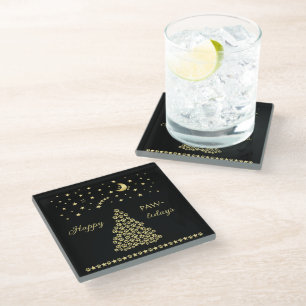 Happy Pawlidays, Gold shiny Paw Christmas tree Glass Coaster