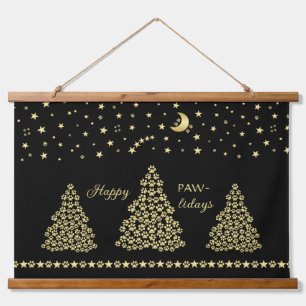 Happy Pawlidays, Gold shiny Paw Christmas tree Hanging Tapestry