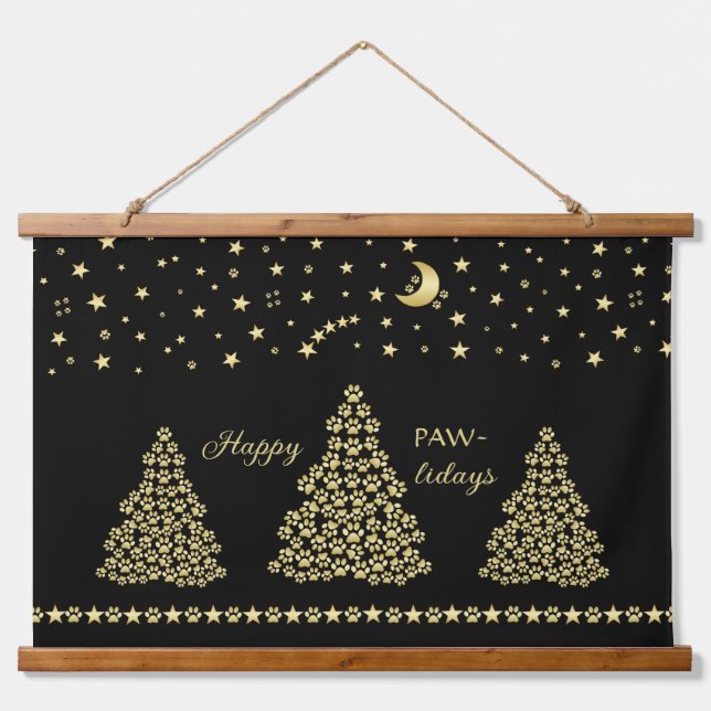 Happy Pawlidays, Gold shiny Paw Christmas tree Hanging Tapestry (Front)