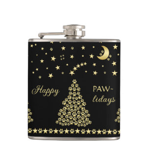 Happy Pawlidays, Gold shiny Paw Christmas tree Hip Flask