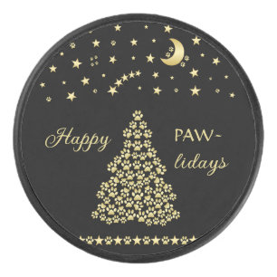Happy Pawlidays, Gold shiny Paw Christmas tree Hockey Puck