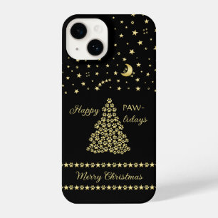 Happy Pawlidays, Gold shiny Paw Christmas tree iPhone 14 Case