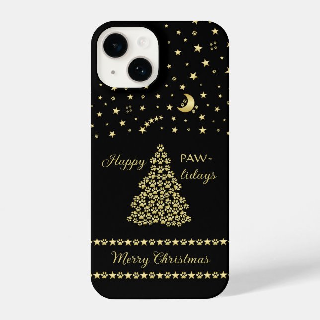 Happy Pawlidays, Gold shiny Paw Christmas tree iPhone Case (Back)
