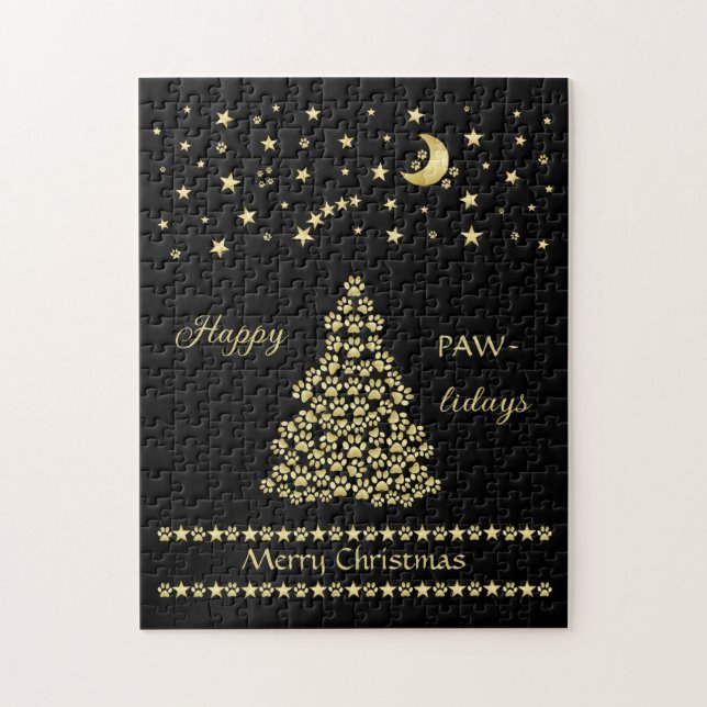 Happy Pawlidays, Gold shiny Paw Christmas tree Jigsaw Puzzle (Vertical)