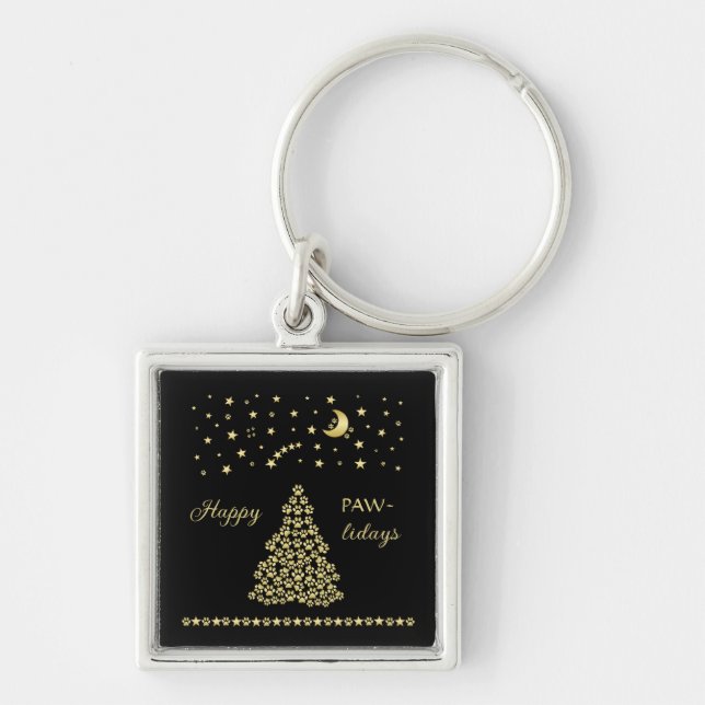 Happy Pawlidays, Gold shiny Paw Christmas tree Key Ring (Front)