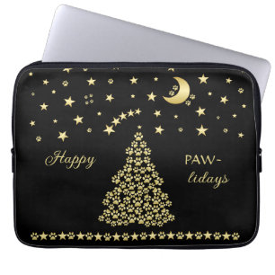 Happy Pawlidays, Gold shiny Paw Christmas tree Laptop Sleeve